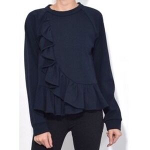 SEA NEW YORK Ruffle Bodice Eyelet Lace Sweatshirt Mixed Media Top Preppy Navy L